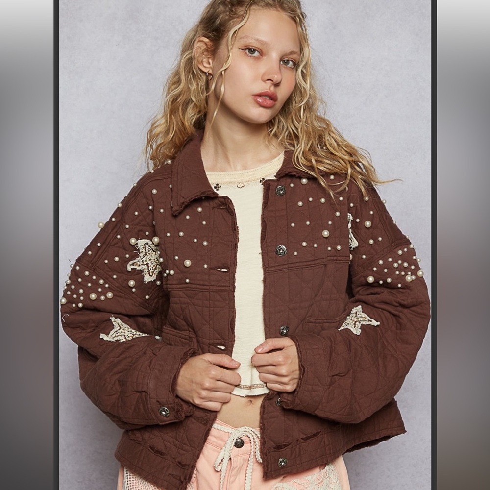 POL Brown Quilted Pearl-Embellished Jacket